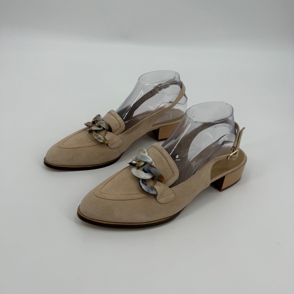 Van Eli Beige Suede Slingback Loafer Pumps Marbled‎ Chain Block Heel 9M